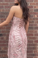 Load image into Gallery viewer, Pink Sheath Floral Strapless Ruffled Long Prom Dress with Side Cape
