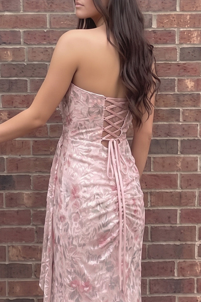 Load image into Gallery viewer, Pink Sheath Floral Strapless Ruffled Long Prom Dress with Side Cape