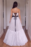 Load image into Gallery viewer, White Polka Dots Strapless A Line Long Prom Dress with Bow