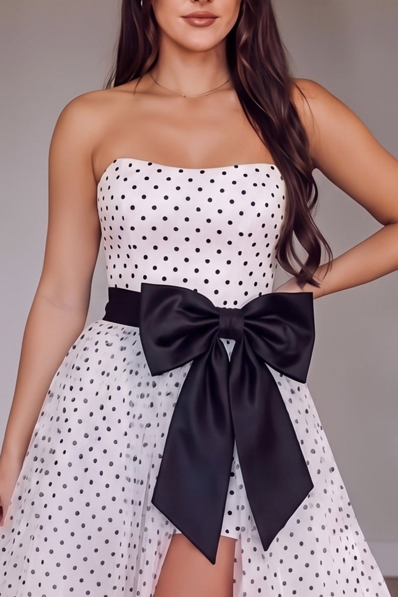 Load image into Gallery viewer, White Polka Dots Strapless A Line Long Prom Dress with Bow