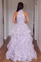 Load image into Gallery viewer, Sparkly Fog Ruffled Sequins Tiered A Line Halter Maxi Prom Dress