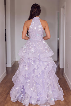 Sparkly Fog Ruffled Sequins Tiered A Line Halter Maxi Prom Dress