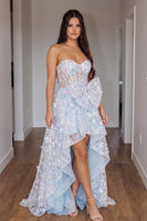 Load image into Gallery viewer, Sparkly Blue Corset Sequins Sweetheart High-Low Prom Dress with Bow