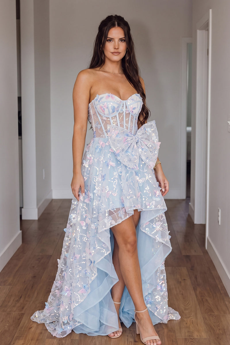 Load image into Gallery viewer, Sparkly Blue Corset Sequins Sweetheart High-Low Prom Dress with Bow