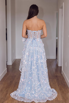 Sparkly Blue Corset Sequins Sweetheart High-Low Prom Dress with Bow