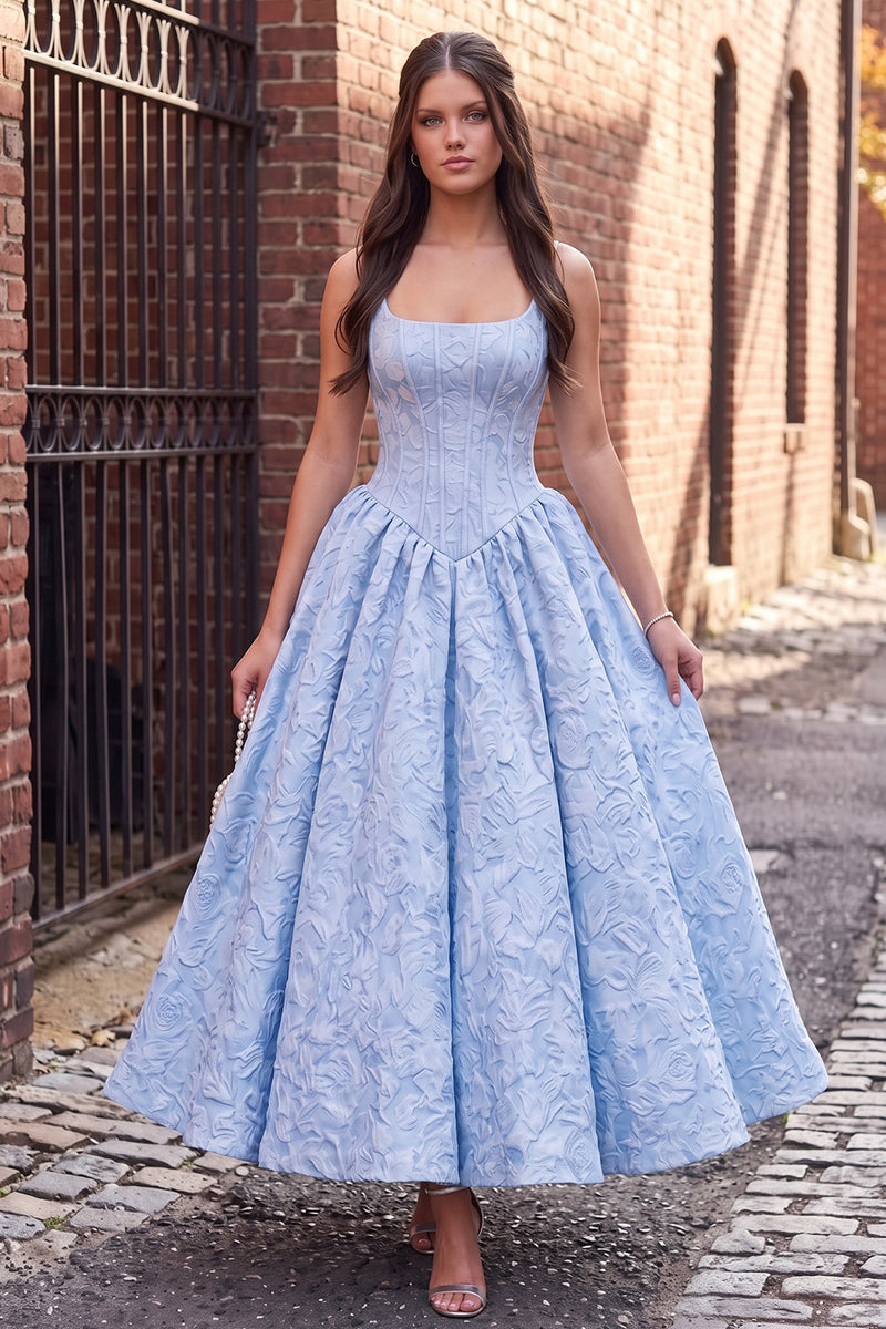 Load image into Gallery viewer, Blue Floral Corset Jacquard A Line Spaghetti Straps Long Prom Dress