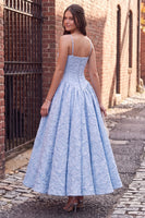 Load image into Gallery viewer, Blue Floral Corset Jacquard A Line Spaghetti Straps Long Prom Dress