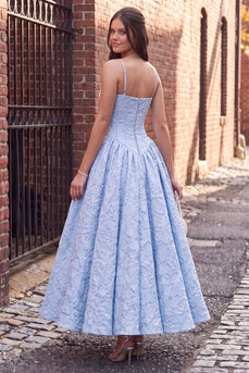 Blue Floral Corset Jacquard A Line Spaghetti Straps Long Prom Dress