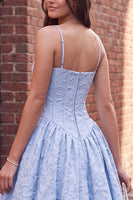 Load image into Gallery viewer, Blue Floral Corset Jacquard A Line Spaghetti Straps Long Prom Dress