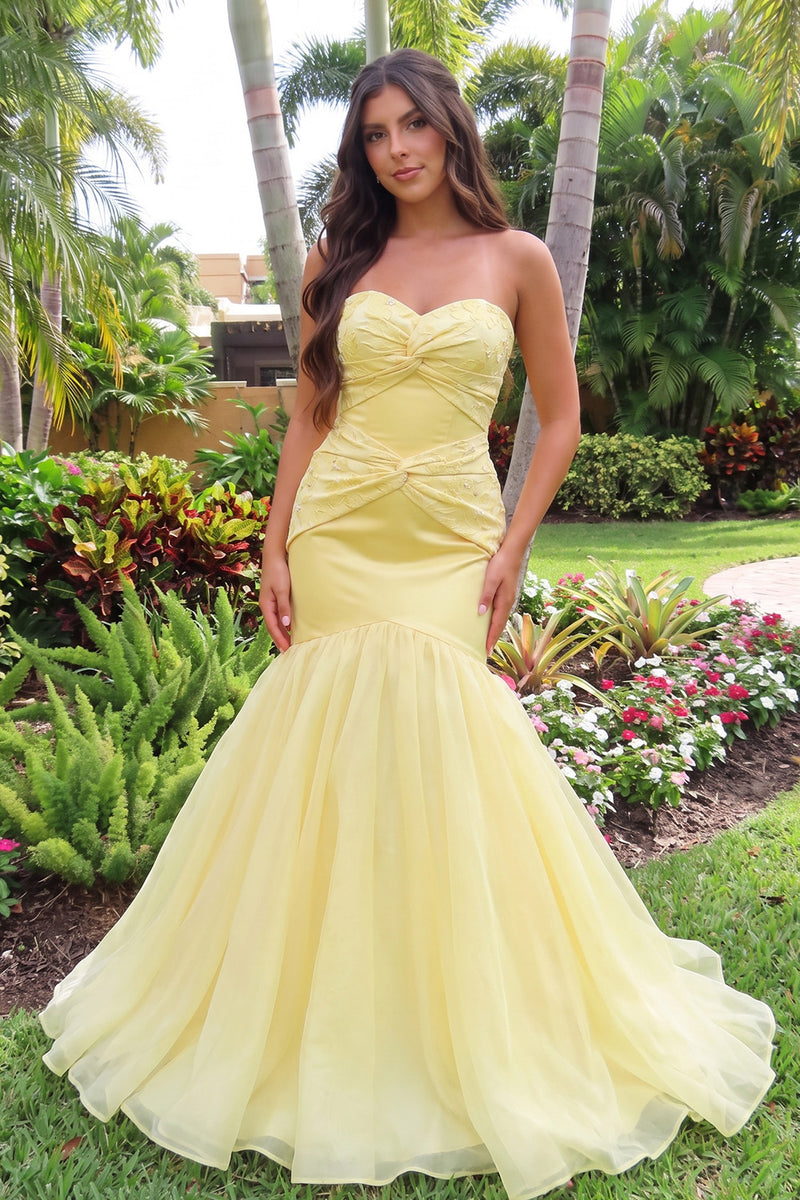 Load image into Gallery viewer, Yellow Mermaid Floral Sweetheart Ruched Maxi Prom Dress