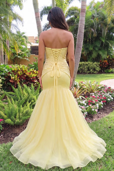 Yellow Mermaid Floral Sweetheart Ruched Maxi Prom Dress