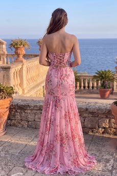Pink Floral Printed Mermaid Cut Out Strapless Maxi Prom Dress with Slit