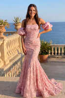 Load image into Gallery viewer, Sparkly Pink Mermaid Floral Off the Shoulder Long Prom Dress