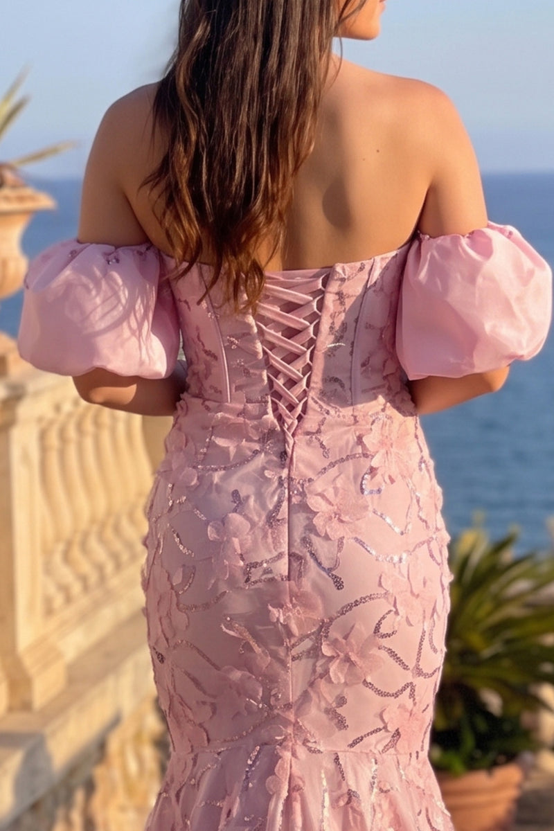 Load image into Gallery viewer, Sparkly Pink Mermaid Floral Off the Shoulder Long Prom Dress