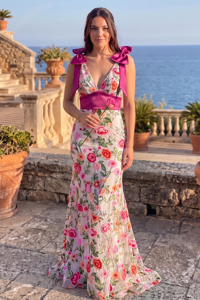 Load image into Gallery viewer, Floral Pink Mermaid V-Neck Long Prom Dress with Bow