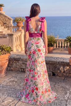 Floral Pink Mermaid V-Neck Long Prom Dress with Bow