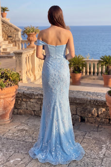 Mermaid Blue Sparkly Sequin One Shoulder Long Prom Dress with Bow