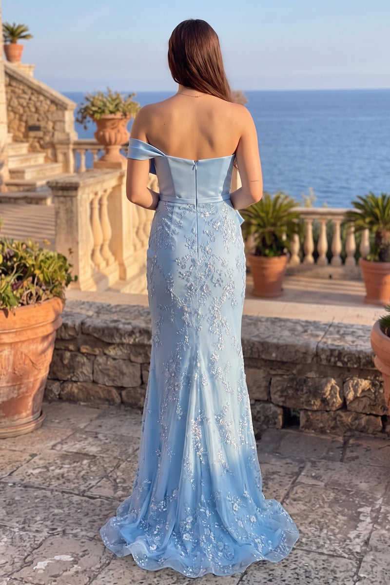 Load image into Gallery viewer, Mermaid Blue Sparkly Sequin One Shoulder Long Prom Dress with Bow