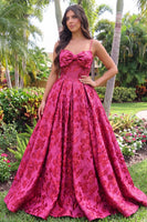 Load image into Gallery viewer, Jacquard Hot Pink Ball Gown Floral Spaghetti Straps Long Prom Dress with Bow