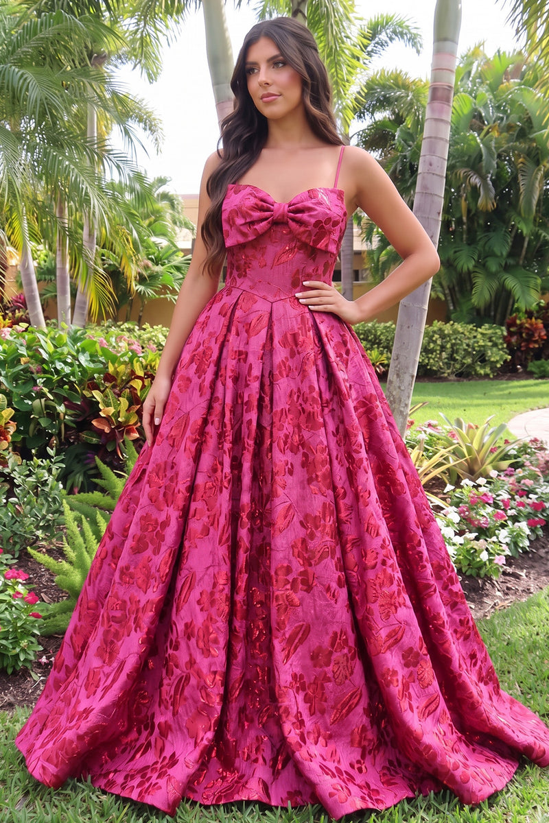 Load image into Gallery viewer, Jacquard Hot Pink Ball Gown Floral Spaghetti Straps Long Prom Dress with Bow