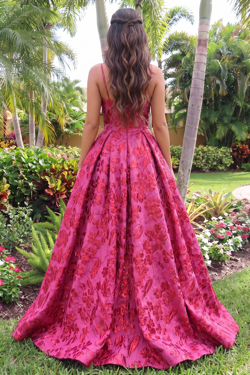 Load image into Gallery viewer, Jacquard Hot Pink Ball Gown Floral Spaghetti Straps Long Prom Dress with Bow