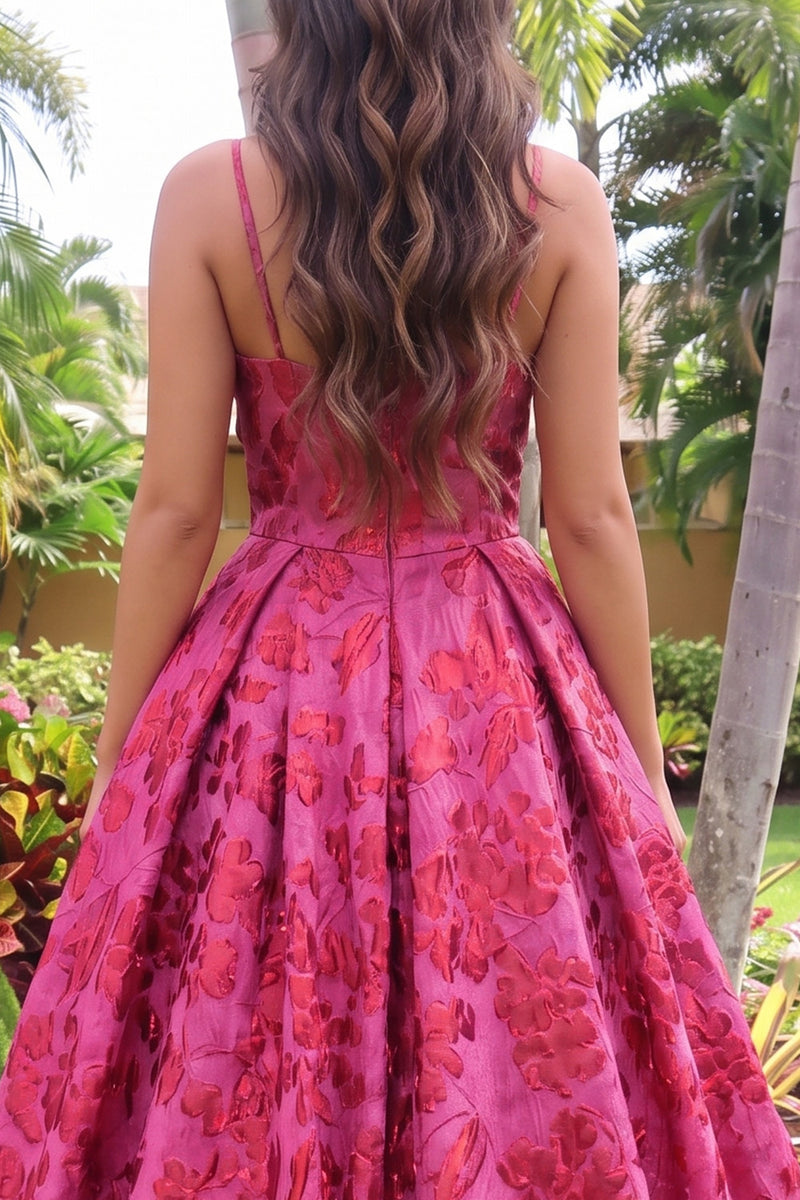Load image into Gallery viewer, Jacquard Hot Pink Ball Gown Floral Spaghetti Straps Long Prom Dress with Bow