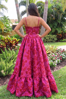 Floral Hot Pink Ball Gown Jacquard Ruffled Corset Spaghetti Straps Long Prom Dress