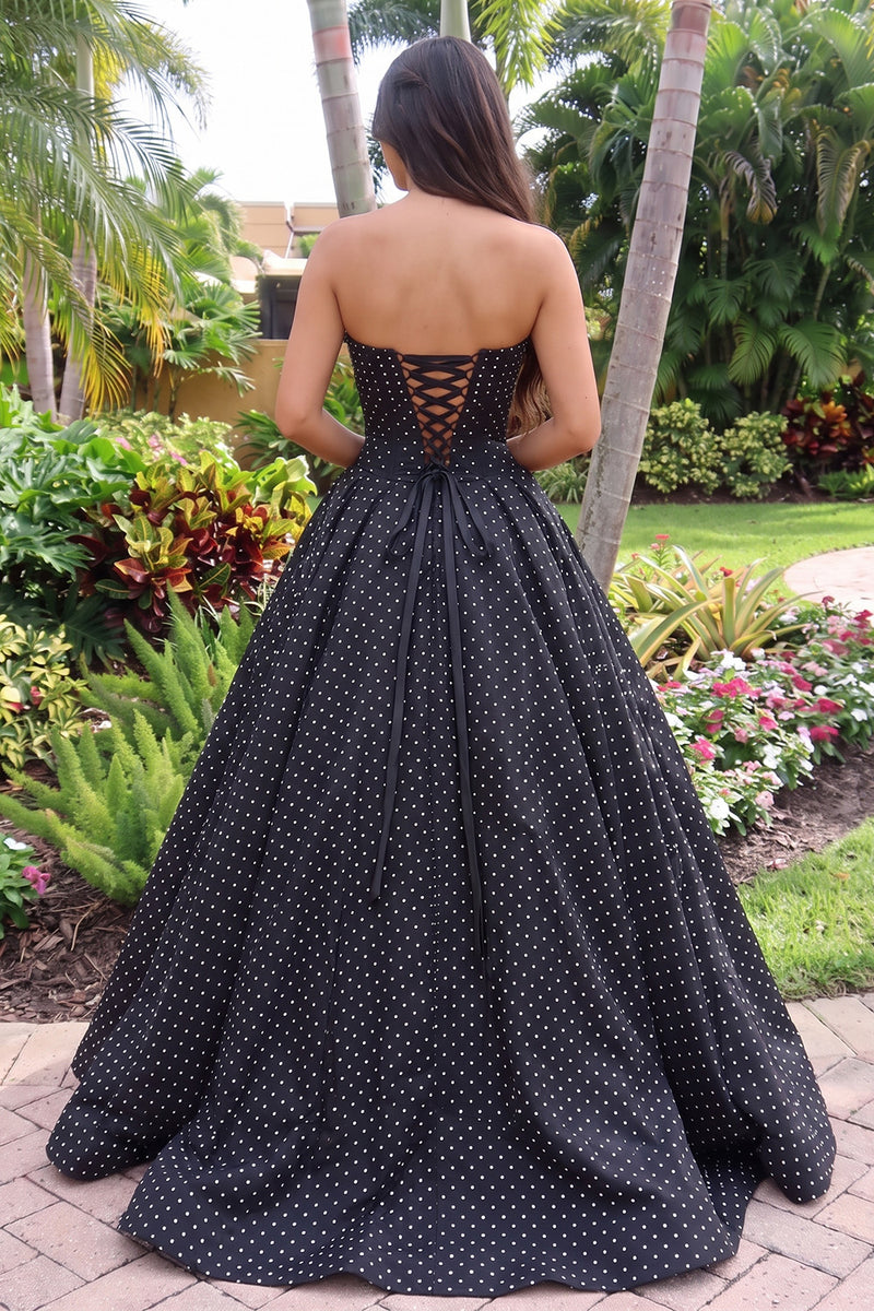 Load image into Gallery viewer, Princess Black Corset Polka Dots Strapless High-Low Prom Dress