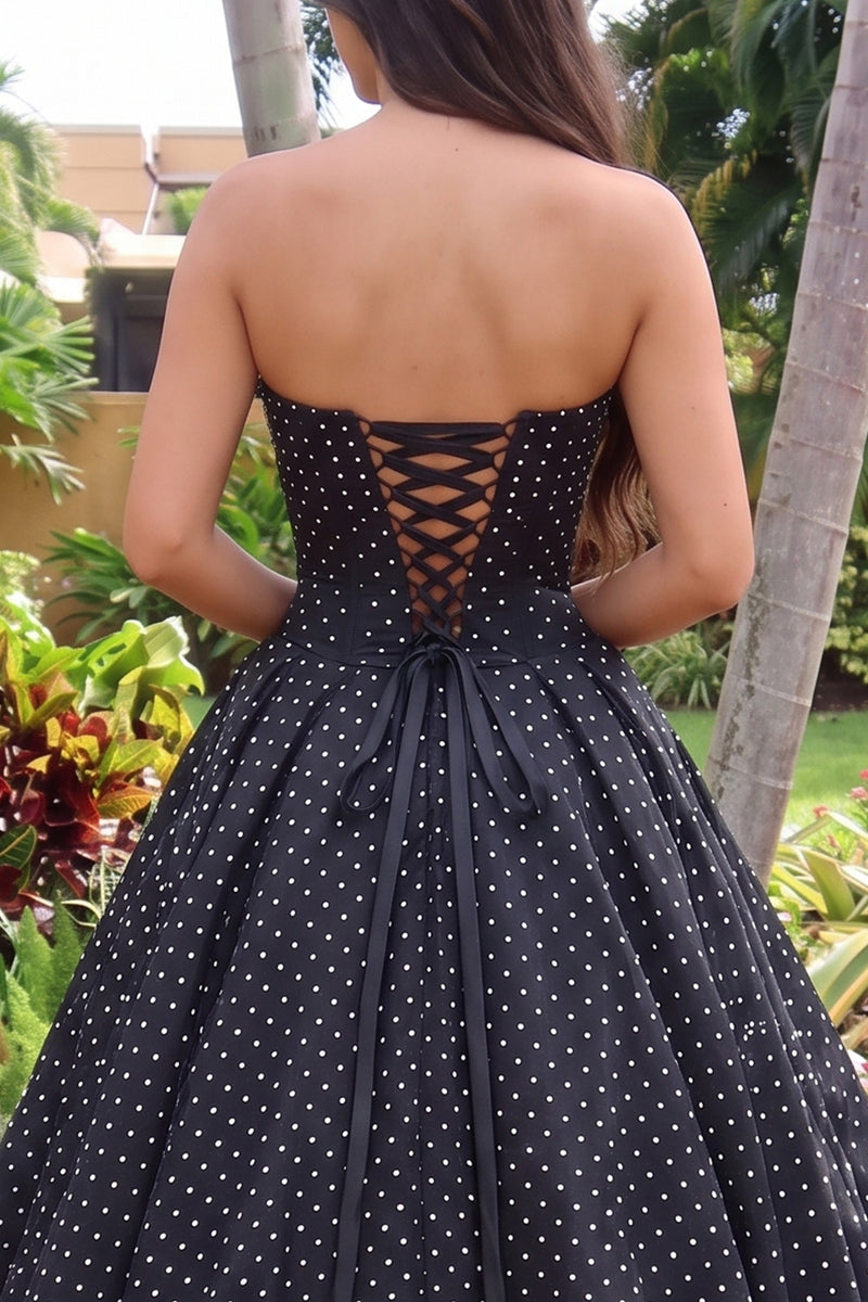 Load image into Gallery viewer, Princess Black Corset Polka Dots Strapless High-Low Prom Dress