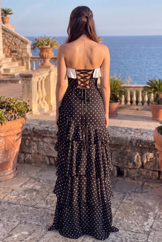 Black Sheath Polka Dots Ruffled Tiered Sweetheart Long Prom Dress with Slit