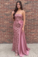 Load image into Gallery viewer, Sparkly Pink Floral Mermaid Sequin Long Prom Dress with Bow