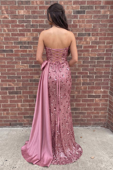 Sparkly Pink Floral Mermaid Sequin Long Prom Dress with Bow