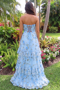 Blue Ruffled A-Line Cut Out Long Prom Dress with 3D Flowers