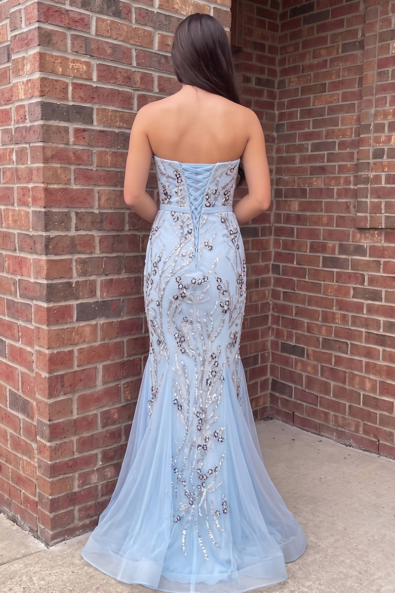 Load image into Gallery viewer, Sparkly Blue Strapless Sequin Mermaid Ruffled Long Prom Dress