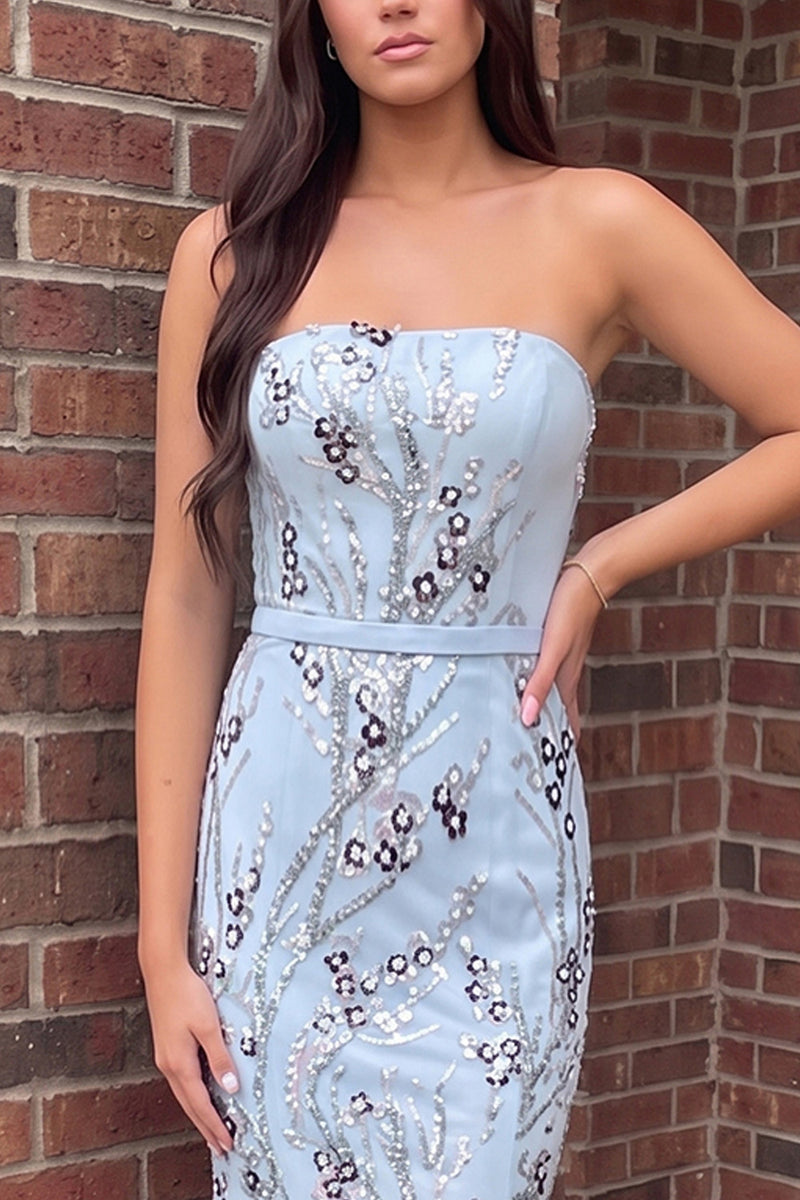 Load image into Gallery viewer, Sparkly Blue Strapless Sequin Mermaid Ruffled Long Prom Dress