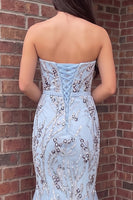 Load image into Gallery viewer, Sparkly Blue Strapless Sequin Mermaid Ruffled Long Prom Dress