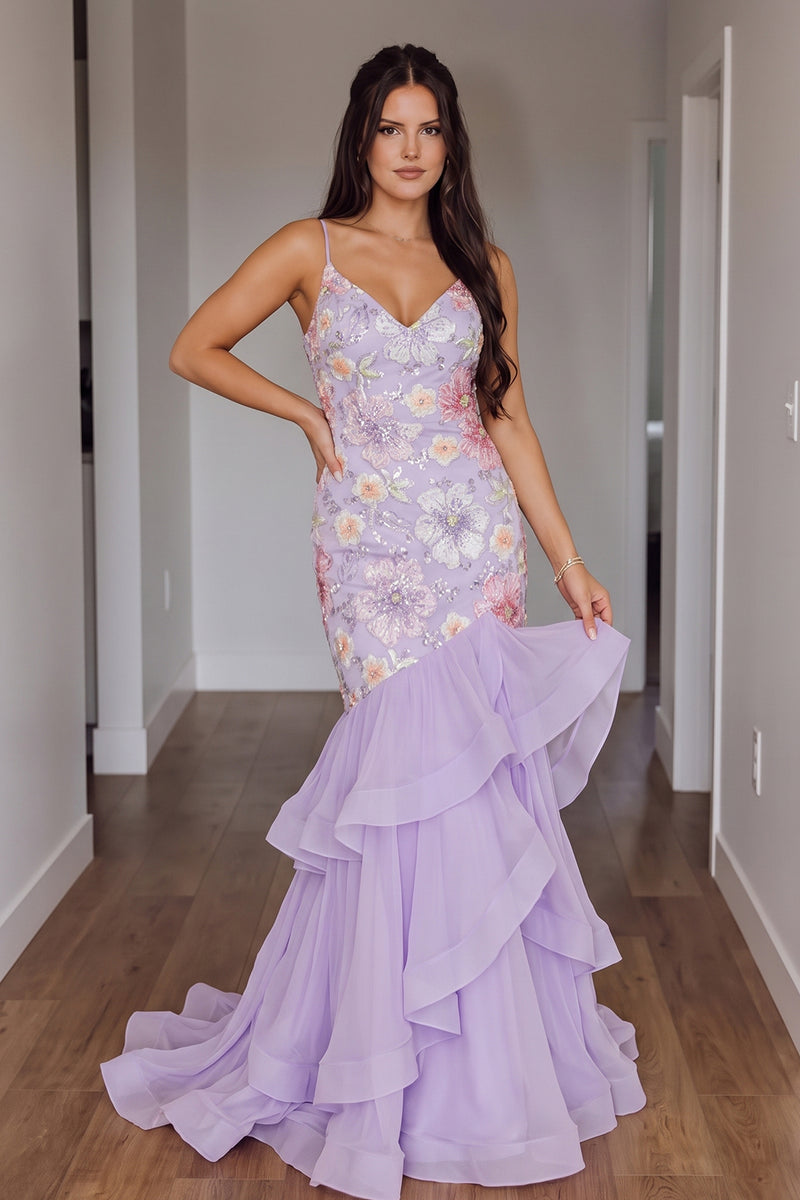 Load image into Gallery viewer, Sparkly Light Purple Floral Mermaid Ruffled Sequin Long Prom Dress