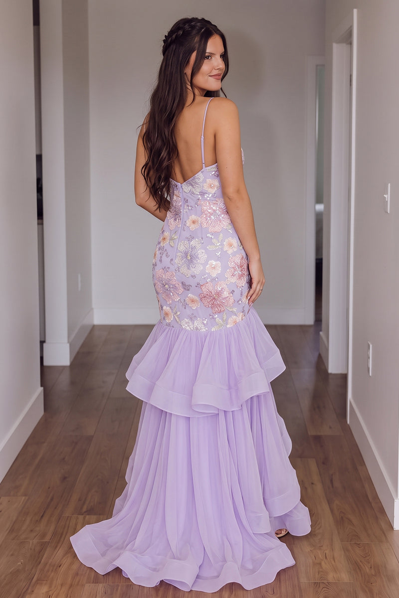 Load image into Gallery viewer, Sparkly Light Purple Floral Mermaid Ruffled Sequin Long Prom Dress