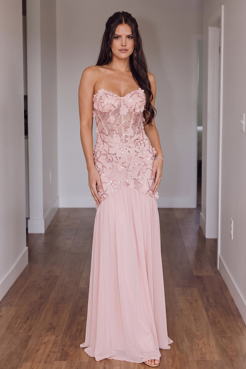 Load image into Gallery viewer, Sparkly Floral Pink Corset Mermaid Sequin Sweetheart Long Prom Dress