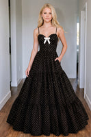 Load image into Gallery viewer, Black Polka Dots A Line Corset Spaghetti Straps Long Prom Dress with Bow