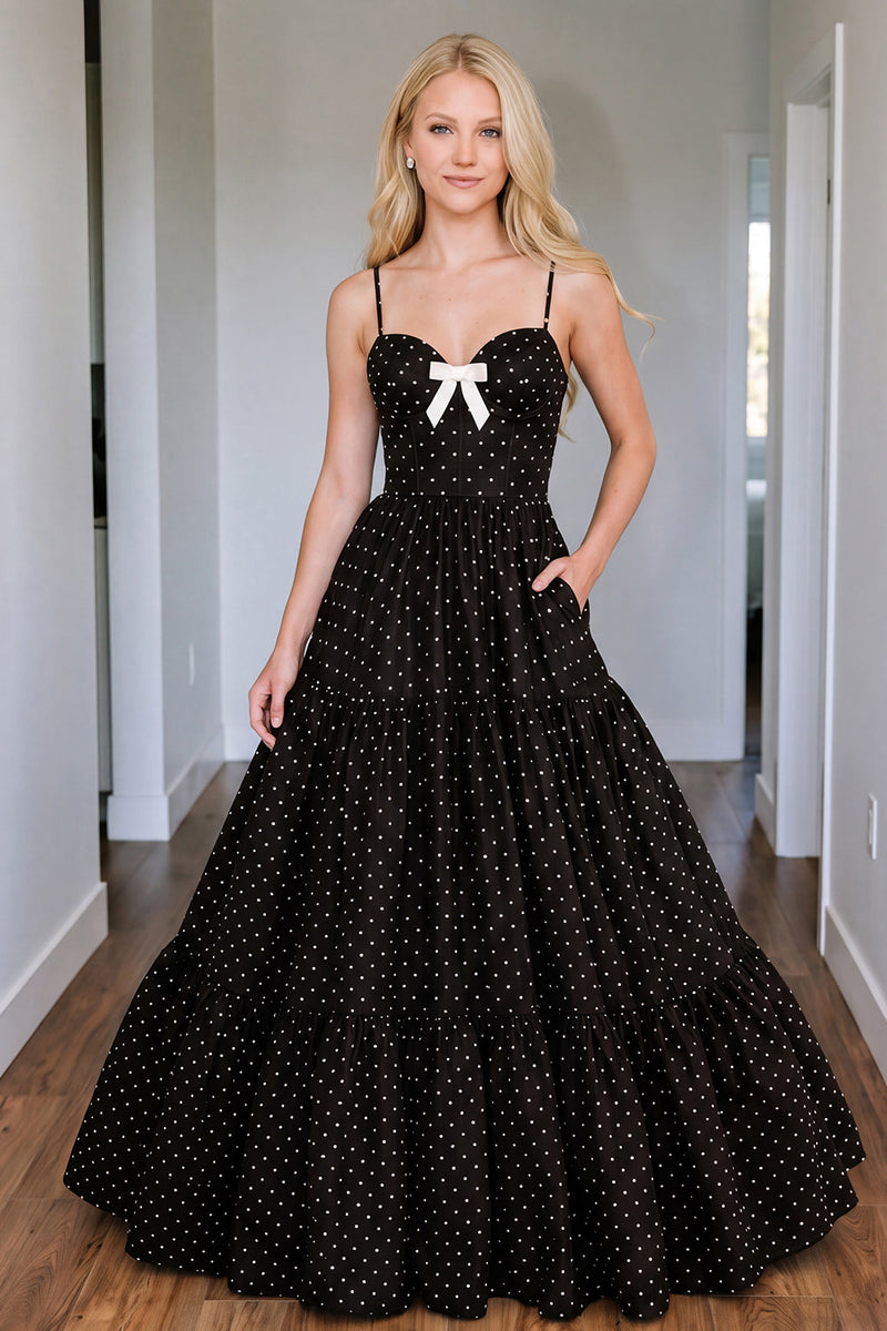 Load image into Gallery viewer, Black Polka Dots A Line Corset Spaghetti Straps Long Prom Dress with Bow