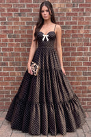 Load image into Gallery viewer, Black Polka Dots A Line Corset Spaghetti Straps Long Prom Dress with Bow