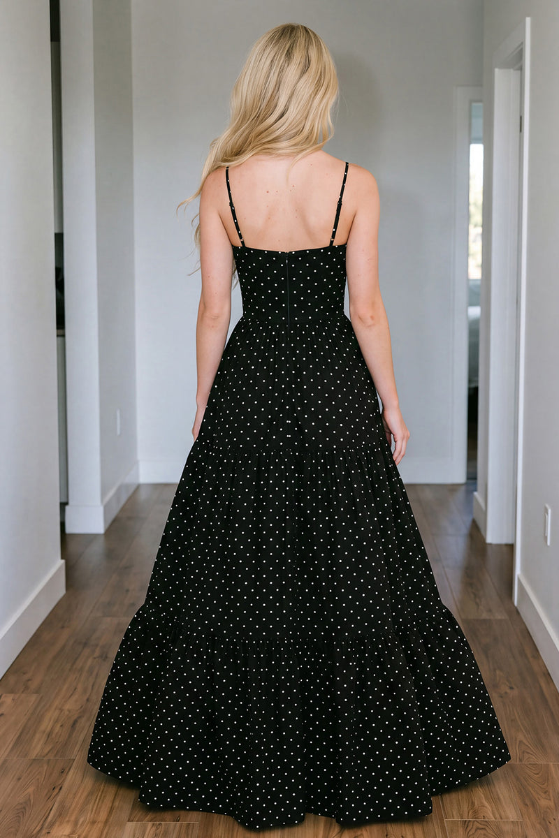 Load image into Gallery viewer, Black Polka Dots A Line Corset Spaghetti Straps Long Prom Dress with Bow
