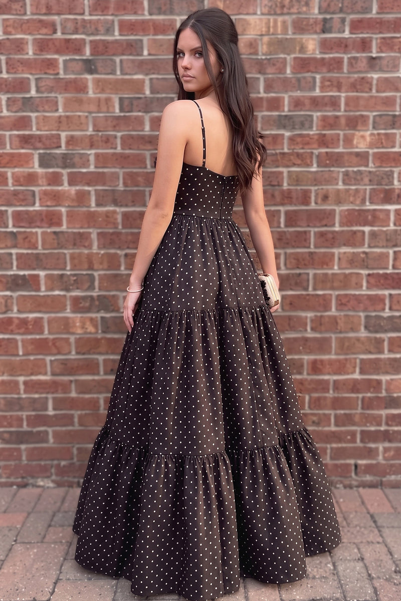 Load image into Gallery viewer, Black Polka Dots A Line Corset Spaghetti Straps Long Prom Dress with Bow