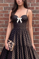 Load image into Gallery viewer, Black Polka Dots A Line Corset Spaghetti Straps Long Prom Dress with Bow