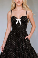 Load image into Gallery viewer, Black Polka Dots A Line Corset Spaghetti Straps Long Prom Dress with Bow