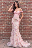 Load image into Gallery viewer, Sparkly Pink Corset Mermaid Off the Shoulder Sequin Long Prom Dress with 3D Flowers