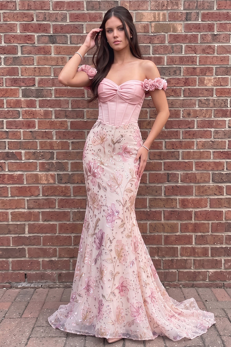 Load image into Gallery viewer, Sparkly Pink Corset Mermaid Off the Shoulder Sequin Long Prom Dress with 3D Flowers