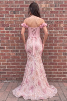 Load image into Gallery viewer, Sparkly Pink Corset Mermaid Off the Shoulder Sequin Long Prom Dress with 3D Flowers