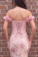 Load image into Gallery viewer, Sparkly Pink Corset Mermaid Off the Shoulder Sequin Long Prom Dress with 3D Flowers